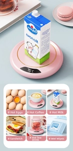 Pink smart mug warmer detail with digital LED display showing 75 degrees temperature