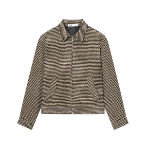 Veste Courte Pied-De-Poule Pour Femmes Fermeture Éclair Col À Revers Manches Longues Manteau Décontracté