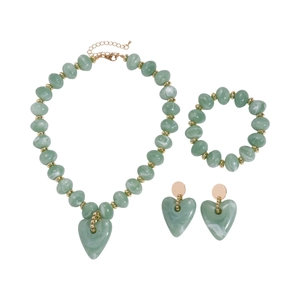 Vintage green marble acrylic beaded jewelry set with heart pendants and gold accents