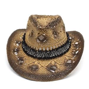 Handmade woven western cowboy straw sun hat with gradient brown color and breathable hollow design