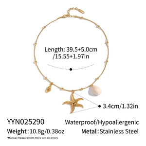 Detail view of starfish shell necklace dimensions and hypoallergenic stainless steel specs
