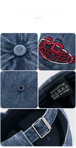Detailed views of cotton baseball cap showing 3D embroidery and adjustable metal buckle