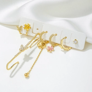 Exquisite 18K gold plated earring set with colorful zircon butterflies and floral motifs