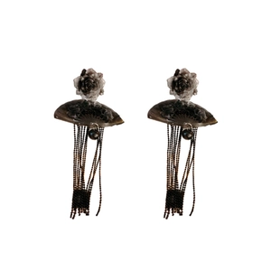 New Chinese style flower fan earrings with long tassels in retro dark brown finish