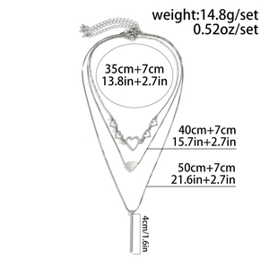 Detailed size chart for silver layered heart pendant necklace with length measurements