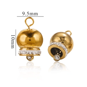 Detailed close-up of gold bell pendant with sparkling rhinestones, size 9.5mm by 10mm