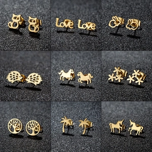 Stainless Steel Ear Studs Minimalist Cute Animal Cat Rabbit Hedgehog Unicorn Tree Of Life Palm Tree Flower Love Letter Fashion Jewelry