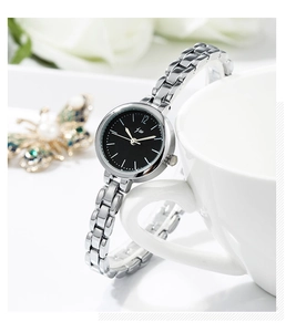 Elegant silver stainless steel watch with black dial styled with white flowers and jewelry