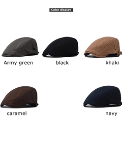 Flat lay color display of cotton beret caps in army green, black, khaki, and navy blue
