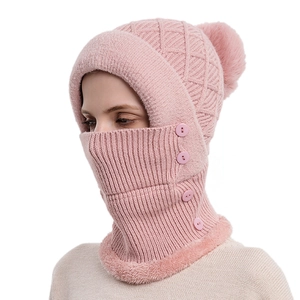 Set sciarpa e cappello invernale in maglia rosa con bordo in pelliccia e pompon