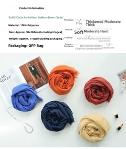 Close-up of lightweight linen-style polyester scarves in five assorted colors with fringes
