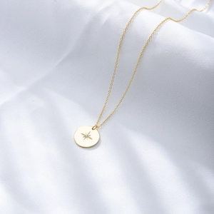 Minimalist S925 sterling silver gold coin necklace with etched star pendant on silk