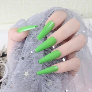 Glossy bright green long coffin ballet press-on nails with shiny UV finish for women