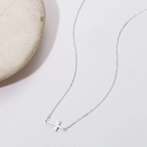 Polished silver stainless steel cross necklace with minimalist horizontal pendant