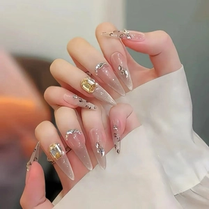 Press On Nägel Champagner Leopard Katzenauge Stiletto Form Straßstein Glitzer Künstliche Fingernägel Damen Elegant