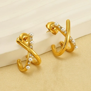 Elegant gold titanium steel X cross earrings with white pearls and sparkling zircons