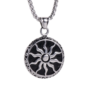 Vintage punk sunburst pendant necklace in silver and black stainless steel with chain