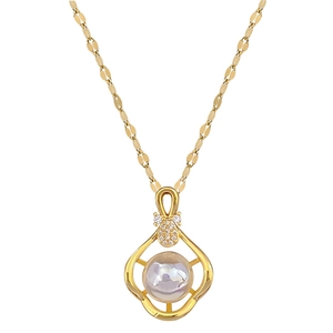 Gold titanium steel necklace with pearl pendant and crystal accents on a flat chain