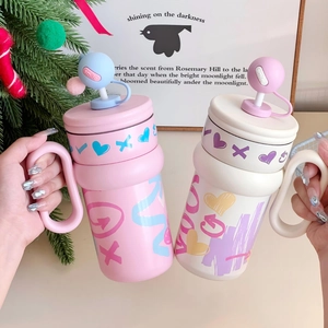 316 Stainless steel insulated tumblers with handle and cute ball straw covers in pink and white