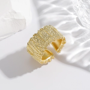 Minimalist wide gold irregular textured copper open ring with elegant water ripple shadows