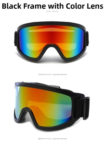 Detail view of ski goggles with impact-resistant black frame and spherical rainbow lens