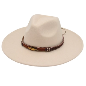Exotic wool felt jazz hat in cream with vintage metal feather and beaded band accessory