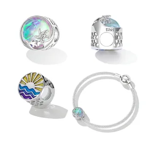S925 sterling silver beach waves charm bracelet with starfish and sun ocean theme charms