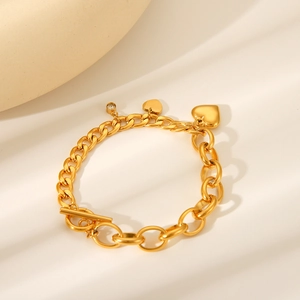 18K gold plated stainless steel Cuban link bracelet with zircon heart and OT clasp