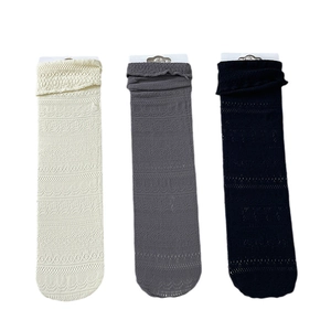 Lace mesh calf socks in cream, grey, and black with breathable hollow knit patterns