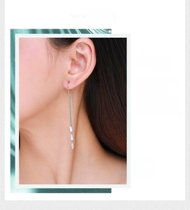 Detail of S925 silver long tassel earrings featuring three sparkling zircon teardrops