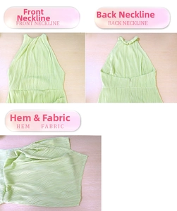 Détails du décolleté licou et du tissu plissé texturé de la robe d'été vert clair