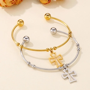 Cross pendant cuff bracelets in gold and silver finish with minimalist bead accents