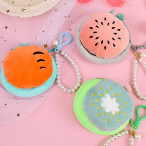Plush fruit coin purses in carrot kiwi and watermelon shapes with pearl chain detail