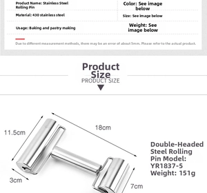 Detailed size chart showing dimensions for a double-headed stainless steel rolling pin