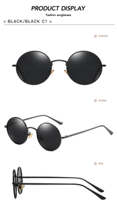 Detailed three-view shots of vintage round sunglasses with black metal frames and gold nose pads