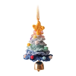 Handmade crochet Christmas tree pendant with colorful pompons and golden bell decoration