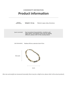 Detail view of rhinestone necklace with length measurements and gold-black chain textures