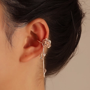 Pendientes de clip en oro rosa con diseño de flor y hoja para mujer sin agujero