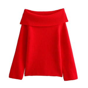 Women's 2024 off-the-shoulder red knit sweater with long sleeves and elegant neckline