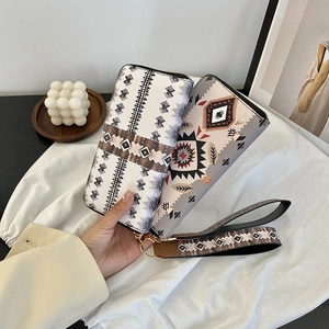 Women Long Wallet Ethnic Geometric Print PU Leather Zipper Around Clutch Purse With Detachable Wristlet Strap Large Capacity