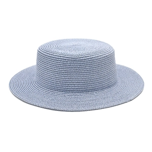 Close-up of the light blue flat top straw boater hat showing fine weaving texture