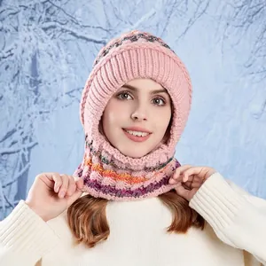Pink winter knit hooded scarf with warm fleece lining and colorful stripes for women