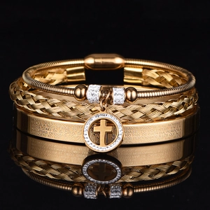 Stainless Steel Cross Bracelet For Men Spanish Padre Nuestro Prayer Scripture Braided Cable Cuff Bangle Religious Jewelry