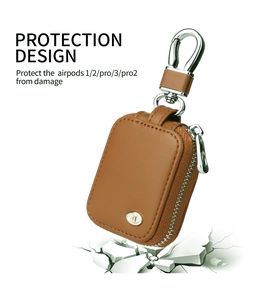 Shockproof brown leather case for AirPods featuring a zipper closure and metal carabiner
