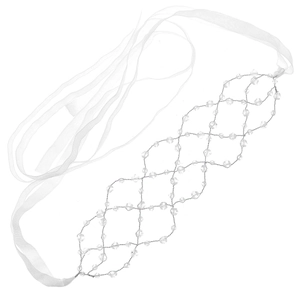 Handmade bridal headband with crystal mesh lattice and white silk ribbon tie for weddings