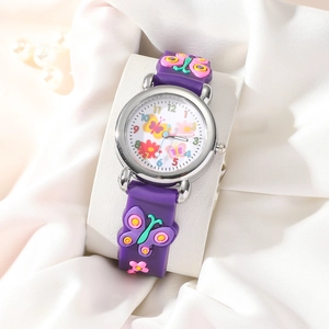 Close-up of kids quartz watch with purple silicone butterfly strap and colorful numerals