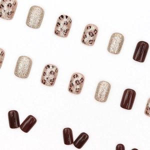 Leopard print and glitter press-on nails set with French luxury autumn brown finish