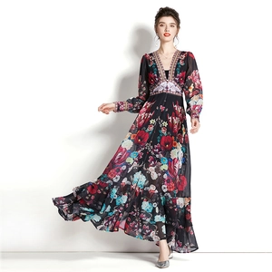 Vintage deep V-neck long sleeve floral maxi dress with vibrant print and flowing silhouette