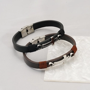 Handmade woven leather anchor bracelets with stainless steel cross for men and women