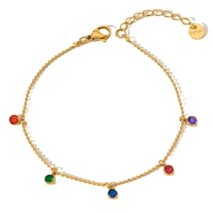 Gold stainless steel anklet with colorful round zircon pendants and lobster clasp